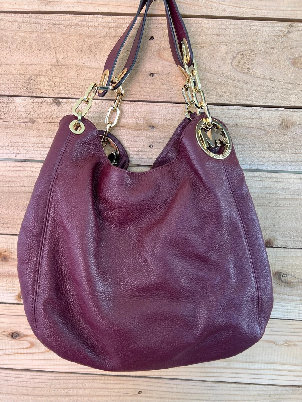 Michael Kors Plum Pebbled Leather Shoulder Hobo with Gold Hardware